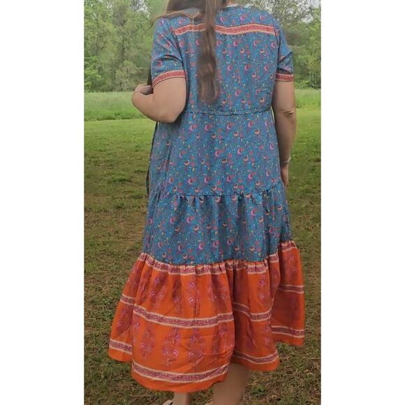 Button up lightweight tiered midi cover up dress colorblock floral multicolor - Picture 16 of 16